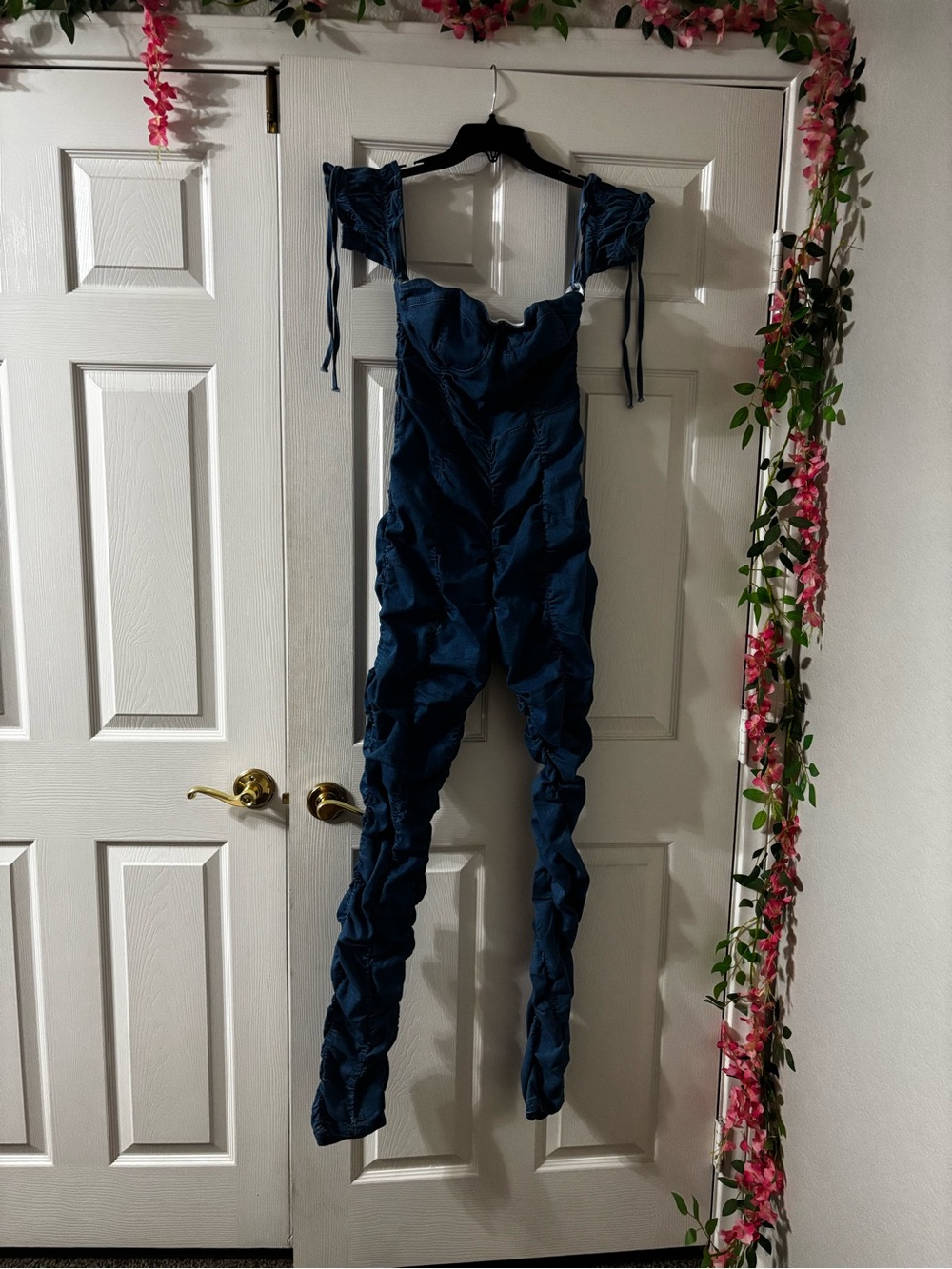 Fashion Nova Navy Blue Ruched Tie-Shoulder Jumpsuit